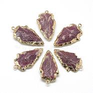Natural Agate Pendants, with Brass Findings, Dyed, Golden, Arrowhead, 35~50x20~30x9~10mm, Hole: 2mm(G-Q491-03)