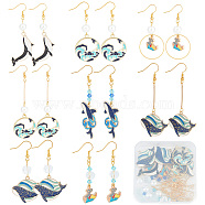 DIY Ocean Theme Dangle Earring Making Kit, Including Alloy Enamel Whale & Wave Pendants, Bicone & Lantern & Imitation Pearl Glass Beads, Brass Earring Hooks, Mixed Color, 104Pcs/box(DIY-SC0021-57)