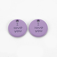 Spray Painted Alloy Charms for Valentine's Day, Cadmium Free & Lead Free, Flat Round with Phrase I Love You, Medium Purple, 13x13x1.5mm, Hole: 1.6mm(PALLOY-Q433-027E-RS)