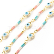 Glass Evil Eye Link Chain, with Brass Findings, Long-Lasting Plated, Soldered, with Spool, Colorful, 10x6x3.5mm, 22.5x2mm(CHC-E024-12G)