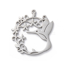 Anti-Tarnish 304 Stainless Steel Pendants, Laser Cut, Hummingbird with Flower Charm, Stainless Steel Color, 29x25.5x1mm, Hole: 1.5mm(STAS-S149-07P)