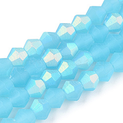 Imitation Jade Bicone Frosted Glass Bead Strands, Half AB Color Plated, Faceted, Light Sky Blue, 4x4mm, Hole: 1mm, about 86~89pcs/strand, 12.20~12.68 inch(31~32.2cm)(GLAA-F029-JM4mm-A03)