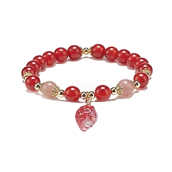 Natural Carnelian(Dyed & Heated) & Strawberry Quartz Beaded Stretch Bracelet with Glass Strawberry Charms for Women, Crimson, Inner Diameter: 2-3/8 inch(6.15cm)(BJEW-JB09026)