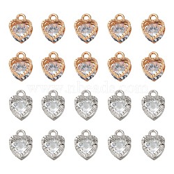 20Pcs 2 Colors Valentine's Day Theme Heart Alloy Micro Clear Cubic Zirconia Charms, Mixed Color, 12x8.5x5mm, Hole: 1mm, 10pcs/color(ZIRC-FS0001-01)