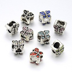 Large Hole Butterfly Alloy Rhinestone Beads, Antique Silver, Mixed Color, 10x11x9mm, Hole: 6x4mm(MPDL-L011-M)