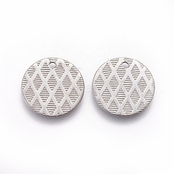 304 Stainless Steel Charms, Textured, Flat Round with Grid Pattern, Stainless Steel Color, 15x1mm, Hole: 1.2mm(STAS-E455-05P-15mm)