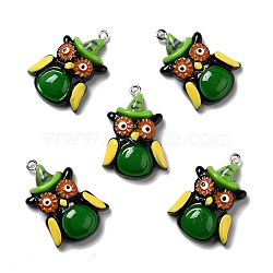 Halloween Opaque Resin Pendants, with Platinum Tone Iron Loops, Owl, Colorful, 32x21.5x8mm, Hole: 2mm(RESI-B011-01)