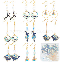 DIY Ocean Theme Dangle Earring Making Kit, Including Alloy Enamel Whale & Wave Pendants, Bicone & Lantern & Imitation Pearl Glass Beads, Brass Earring Hooks, Mixed Color, 104Pcs/box(DIY-SC0021-57)