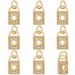 10Pcs Brass Micro Pave Clear Cubic Zirconia Charms, with Jump Rings, Long-Lasting Plated, Lock with Heart Charm, Real 18K Gold Plated, 11x6.5x3mm, Hole: 3.5mm(ZIRC-BBC0001-70)