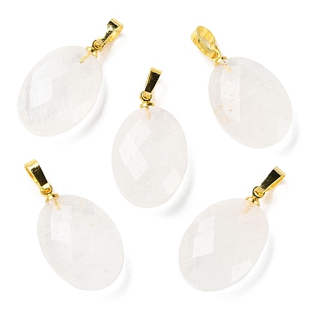 Natural Quartz Crystal Pendants, Rock Crystal Pendants, Faceted Oval Charms with Golden Plated Brass Snap on Bails, 21.8x13.4~13.5x6.2mm, Hole: 5.3x3.7mm