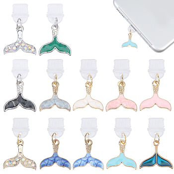 Plastic Mobile Dustproof Plugs, with Alloy Enamel Fishtail Pendants, Mixed Color, 2.8~3.1cm, 12pcs/set