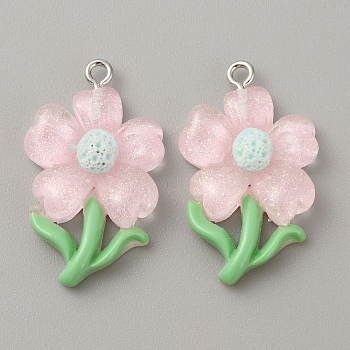 Translucent Resin Pendants, Glitter Flower Charms with Platinum Plated Iron Loops, Pink, 30x19x5.5mm, Hole: 1.5mm