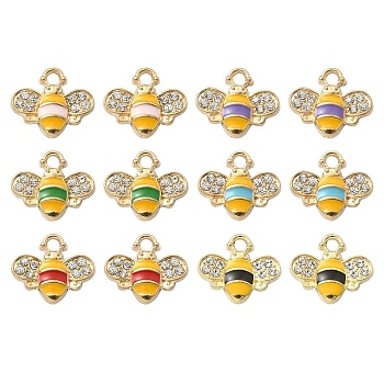 12Pcs 6 Colors Alloy Enamel Charms, with Rhinestone, Bee Charm, Mixed Color, 12.5x14.5x2.5mm, Hole: 1.8mm, 2pcs/color