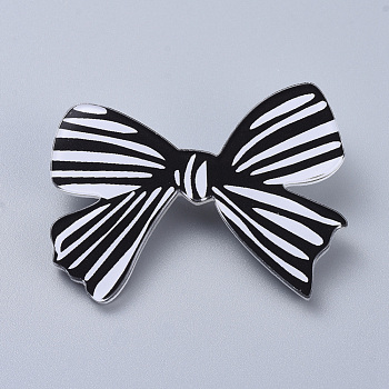 Acrylic Safety Brooches, with Iron Pin, Bowknot, Black & White, 35x47x8mm, Pin: 0.8mm