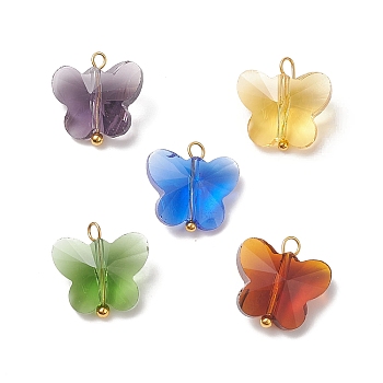 Faceted Transparent Glass Charms, with Golden Brass Findings, Butterfly, Mixed Color, 14.5x14.5x8mm, Hole: 2mm