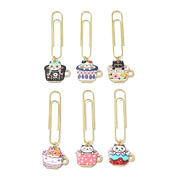 Cup with Cat Alloy Enamel Pendant Bookmarks, Iron Long Paper Clips, Mixed Color, 69.5~72.5mm, 6pcs/set