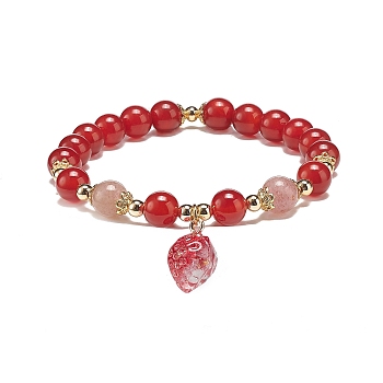 Natural Carnelian(Dyed & Heated) & Strawberry Quartz Beaded Stretch Bracelet with Glass Strawberry Charms for Women, Crimson, Inner Diameter: 2-3/8 inch(6.15cm)