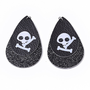 Halloween Theme, PU Leather Big Pendants, with Glitter Powder and Platinum Tone Stainless Steel Jump Rings, teardrop, with Skull, Black, 56x37x3mm, Hole: 4mm