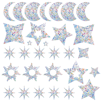 Waterproof PVC Colored Laser Stained Window Film Adhesive Stickers, Electrostatic Window Stickers, Star & Moon & Sun, Mixed Patterns, 30~132x30~138mm, about 30pcs/set