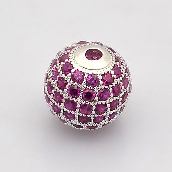 CZ Brass Micro Pave Grade AAA Magenta Color Cubic Zirconia Round Beads, Cadmium Free & Nickel Free & Lead Free, Platinum, 10mm, Hole: 2mm