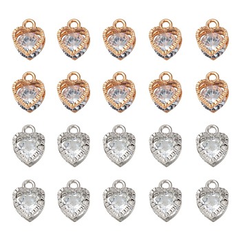 20Pcs 2 Colors Valentine's Day Theme Heart Alloy Micro Clear Cubic Zirconia Charms, Mixed Color, 12x8.5x5mm, Hole: 1mm, 10pcs/color