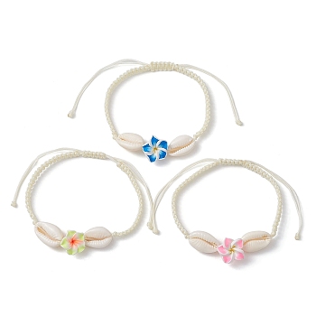 Natural Shell & Polymer Clay 3D Flower Link Bracelet, Braided Adjustable Bracelet, Mixed Color, Inner Diameter: 3-5/8 inch(9.25cm)