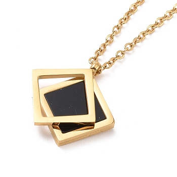 Black Synthetic Shell Double Rhombus Pendant Necklace, Ion Plating(IP) 304 Stainless Steel Jewelry for Women, Golden, 16.02 inch(40.7cm)