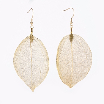 Brass Plated Natural Leaf Dangle Earrings, with 304 Stainless Steel Earring Hooks, Golden, 105mm, Pin:0.7mm