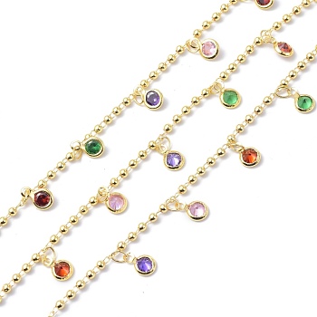Brass & Cubic Zirconia Beaded Chain, Ball Chains, Long-Lasting Plated, Flat Round, Soldered, with Spool, Golden, 2mm, about 10.93 yards(10m)/roll