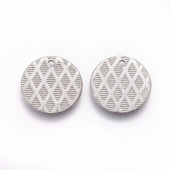 304 Stainless Steel Charms, Textured, Flat Round with Grid Pattern, Stainless Steel Color, 15x1mm, Hole: 1.2mm