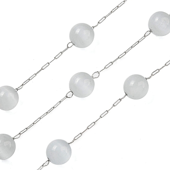 304 Stainless Steel with Glass Cat Eye Link Chains, Soldered, with Spool, Round, White, 13x7.5mm