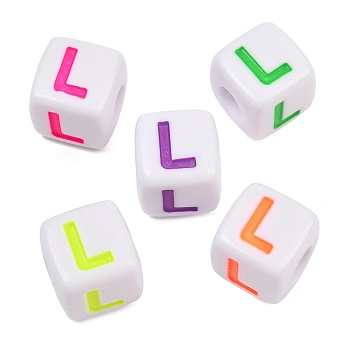 Opaque Acrylic Enamel European Beads, Large Hole Beads, Cube with Letter, Mixed Color, Letter L, 14x14x14mm, Hole: 6mm, about 190pcs/500g