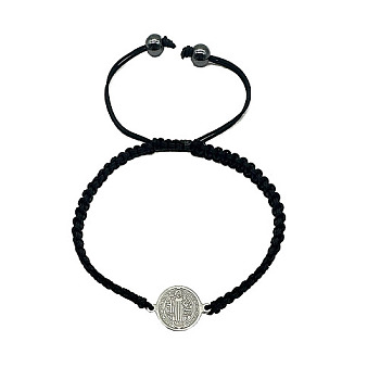 Saint Benedict Alloy Link Bracelets, Adjustable Polyester Cord Braided Bracelets for Women, Antique Silver, no size