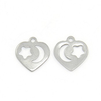 Trendy 304 Stainless Steel Pendants, Heart with Moon & Star, Stainless Steel Color, 12x11x1mm, Hole: 1mm
