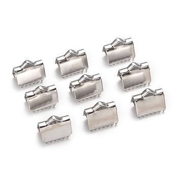 Tarnish Resistant 304 Stainless Steel Ribbon Crimp Ends, Stainless Steel Color, 9.5x10.5mm, Hole: 3x2mm