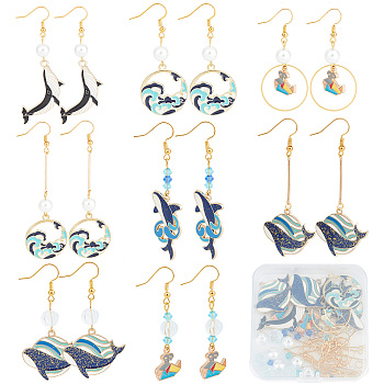 DIY Ocean Theme Dangle Earring Making Kit, Including Alloy Enamel Whale & Wave Pendants, Bicone & Lantern & Imitation Pearl Glass Beads, Brass Earring Hooks, Mixed Color, 104Pcs/box