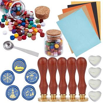 CRASPIRE DIY Wax Seal Stamp Kits, Including Brass Wax Seal Stamp, Wood Handle, Sealing Wax Particles, Paper Envelopes, Candles, 304 Stainless Steel Spoon, Mixed Color, Sealing Wax Particles: 0.9x0.9cm, about 60g/180pcs, 180pcs/set