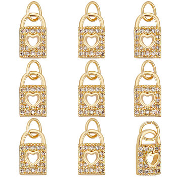 10Pcs Brass Micro Pave Clear Cubic Zirconia Charms, with Jump Rings, Long-Lasting Plated, Lock with Heart Charm, Real 18K Gold Plated, 11x6.5x3mm, Hole: 3.5mm