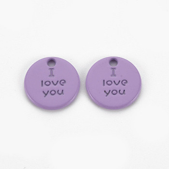 Spray Painted Alloy Charms for Valentine's Day, Cadmium Free & Lead Free, Flat Round with Phrase I Love You, Medium Purple, 13x13x1.5mm, Hole: 1.6mm