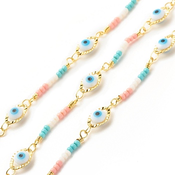 Glass Evil Eye Link Chain, with Brass Findings, Long-Lasting Plated, Soldered, with Spool, Colorful, 10x6x3.5mm, 22.5x2mm