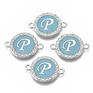 Alloy Enamel Links Connectors, with Crystal Rhinestones, Flat Round with Letter, Silver Color Plated, Letter.P, 22x16x2mm, Hole: 1.8mm(ENAM-TAC0003-01S-06P)