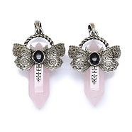 Natural Rose Quartz Faceted Pointed Bullet Big Pendants, Rack Plating Antique Silver Plated Alloy Butterfly Charms, Cadmium Free & Lead Free, 54x33.5x18.5~19mm, Hole: 6.5x7.5mm(G-Q165-01AS-08)