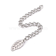 304 Stainless Steel Chain Extender, Curb Chain, with 202 Stainless Steel Charms, Hollow Leaf, Stainless Steel Color, 66~71mm, Link: 3.7x3x0.5mm, Leaf: 12.5x5.5x0.2mm(STAS-F268-50P)