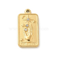 304 Stainless Steel Pendants, with Rhinestone, Golden, Palm, 25.5x13x3mm, Hole: 1.8mm(STAS-I322-39G-03)