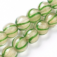 Handmade Lampwork Beads Strands, Gold Powder, Round, Green, 12x11~11.5mm, Hole: 1.6mm, about 30pcs/strand, 13.1 inch(33.5cm)(LAMP-G140-05A)