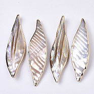 Natural Freshwater Shell Big Pendants, Edge Golden Plated, Leaf, Seashell Color, 69~73x18~19.5x5.5~7.5mm, Hole: 1.8mm(X-SHEL-R047-04)