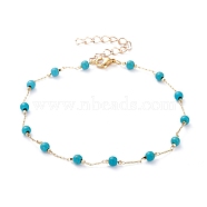 Round Synthetic Turquoise Anklets, with Brass Cable Chains and 304 Stainless Steel Lobster Claw Clasps, Golden, Dark Cyan, 9-1/2 inch(24cm)(X-AJEW-AN00288-01)