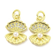 Rack Plating Brass Micro Pave Clear Cubic Zirconia Pendants, with Plastic Pearl, Long-Lasting Plated, Lead Free & Cadmium Free, Shell Shape, Real 18K Gold Plated, 16x11x4mm, Hole: 5mm(KK-B091-11)
