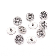 Alloy Buttons, 1-Hole, Flat Round with Flower, for Sewing Crafting, Antique Silver, 15x6.5mm, Hole: 2mm, 10pcs/bag(BUTT-WH0021-04AS)