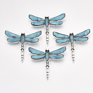 Freshwater Shell Brooches/Pendants, with Alloy Findings and Resin Bottom, Rhinestone, Dyed, Dragonfly, Antique Silver, Sky Blue, 53x62x10mm, Hole: 5x4mm, Pin: 0.7mm(SHEL-S275-39B)